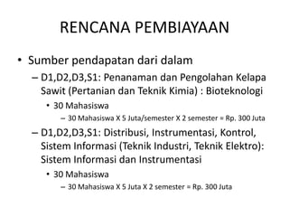 RENCANA PEMBIAYAAN
• Sumber pendapatan dari dalam
  – D1,D2,D3,S1: Penanaman dan Pengolahan Kelapa
    Sawit (Pertanian dan Teknik Kimia) : Bioteknologi
     • 30 Mahasiswa
        – 30 Mahasiswa X 5 Juta/semester X 2 semester = Rp. 300 Juta
  – D1,D2,D3,S1: Distribusi, Instrumentasi, Kontrol,
    Sistem Informasi (Teknik Industri, Teknik Elektro):
    Sistem Informasi dan Instrumentasi
     • 30 Mahasiswa
        – 30 Mahasiswa X 5 Juta X 2 semester = Rp. 300 Juta
 