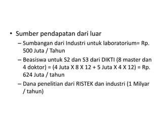 • Sumber pendapatan dari luar
  – Sumbangan dari Industri untuk laboratorium= Rp.
    500 Juta / Tahun
  – Beasiswa untuk S2 dan S3 dari DIKTI (8 master dan
    4 doktor) = (4 Juta X 8 X 12 + 5 Juta X 4 X 12) = Rp.
    624 Juta / tahun
  – Dana penelitian dari RISTEK dan industri (1 Milyar
    / tahun)
 