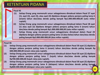 KETENTUAN PIDANA
Pasal 45
(1) Setiap Orang yang memenuhi unsur sebagaimana dimaksud dalam Pasal 27 ayat
(1), ayat (2), ayat (3), atau ayat (4) dipidana dengan pidana penjara paling lama 6
(enam) tahun dan/atau denda paling banyak Rp1.000.000.000,00 (satu miliar
rupiah).
(2) Setiap Orang yang memenuhi unsur sebagaimana dimaksud dalam Pasal 28 ayat
(1) atau ayat (2) dipidana dengan pidana penjara paling lama 6 (enam) tahun
dan/atau denda paling banyak Rp1.000.000.000,00 (satu miliar rupiah).
(3) Setiap Orang yang memenuhi unsur sebagaimana dimaksud dalam Pasal 29
dipidana dengan pidana penjara paling lama 12 (dua belas) tahun dan/atau denda
paling banyak Rp2.000.000.000,00 (dua miliar rupiah).
Pasal 46
(1) Setiap Orang yang memenuhi unsur sebagaimana dimaksud dalam Pasal 30 ayat (1) dipidana
dengan pidana penjara paling lama 6 (enam) tahun dan/atau denda paling banyak Rp
600.000.000,00 (enam ratus juta rupiah).
(2) Setiap Orang yang memenuhi unsur sebagaimana dimaksud dalam Pasal 30 ayat (2) dipidana
dengan pidana penjara paling lama 7 (tujuh) tahun dan/atau denda paling banyak
Rp700.000.000,00 (tujuh ratus juta rupiah).
(3) Setiap Orang yang memenuhi unsur sebagaimana dimaksud dalam Pasal 30 ayat (3) dipidana
dengan pidana penjara paling lama 8 (delapan) tahun dan/atau denda paling banyak
Rp800.000.000,00 (delapan ratus juta rupiah).
11
 