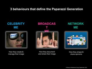 3 behaviours that define the Paparazzi Generation



CELEBRITY            BROADCAS                   NETWORK
   ME                    T                         ME
                        ME




How they create &     How they document           How they shape &
manage their image   and share their image         share opinions




                                             © Starcom MediaVest Group September 2010
 