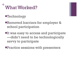 What Worked? Technology Removed barriers for employer & school participation It was easy to access and participate—didn’t need to be technologically savvy to participate Practice sessions with presenters 