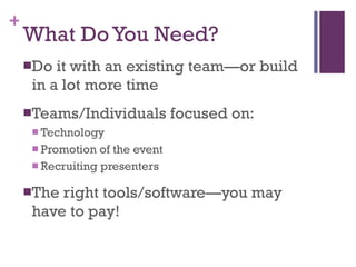 What Do You Need? Do it with an existing team—or build in a lot more time Teams/Individuals focused on: Technology Promotion of the event Recruiting presenters The right tools/software—you may have to pay! 