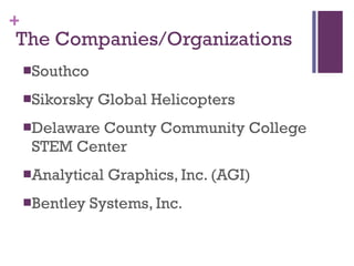 The Companies/Organizations Southco Sikorsky Global Helicopters Delaware County Community College STEM Center Analytical Graphics, Inc. (AGI) Bentley Systems, Inc. 