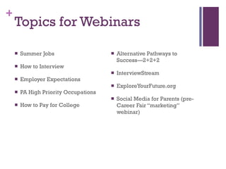 Topics for Webinars Summer Jobs How to Interview Employer Expectations PA High Priority Occupations How to Pay for College Alternative Pathways to Success—2+2+2 InterviewStream ExploreYourFuture.org Social Media for Parents (pre-Career Fair “marketing” webinar) 