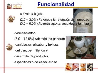 Funcionalidad
   A niveles bajos:
   (2.5 – 3.0%) Favorece la retención de humedad
   (3.0 – 6.0%) Además aporta suavidad a la miga

A niveles altos:
(8.0 – 12.0%) Además, se generan
cambios en el sabor y textura
del pan, permitiendo el
desarrollo de productos
específicos o de especialidad
 
