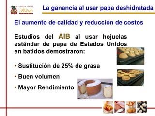 La ganancia al usar papa deshidratada

El aumento de calidad y reducción de costos

Estudios del AIB al usar hojuelas
estándar de papa de Estados Unidos
en batidos demostraron:

• Sustitución de 25% de grasa
• Buen volumen
• Mayor Rendimiento
 