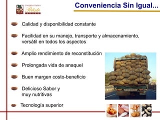 Conveniencia Sin Igual...

Calidad y disponibilidad constante

Facilidad en su manejo, transporte y almacenamiento,
versátil en todos los aspectos

Amplio rendimiento de reconstitución

Prolongada vida de anaquel

Buen margen costo-beneficio

Delicioso Sabor y
muy nutritivas

Tecnología superior
 