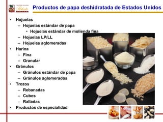 Productos de papa deshidratada de Estados Unidos

•   Hojuelas
     – Hojuelas estándar de papa
         • Hojuelas estándar de molienda fina
     – Hojuelas LP/LL
     – Hojuelas aglomeradas
•   Harina
     – Fina
     – Granular
•   Gránulos
     – Gránulos estándar de papa
     – Gránulos aglomerados
•   Trozos
     – Rebanadas
     – Cubos
     – Ralladas
•   Productos de especialidad
 