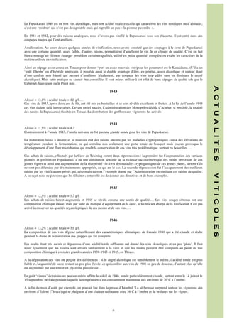 Le Papaskarasi 1940 est un bon vin, alcoolique, mais son acidité totale est celle qui caractérise les vins nordiques ou d’altitude ;
c’est une ‘verdeur’ qui n’est pas désagréable mais qui rappelle un peu « la pomme pas mûre ».
En 1941 et 1942, pour des raisons analogues, nous n’avons pas vinifié le Papaskarasi sous son étiquette. Il est entré dans des
coupages rouges qui l’ont amélioré.
Amélioration. Au cours de ces quelques années de vinification, nous avons constaté que des coupages à la cuve de Papaskarasi
avec une certaine quantité, assez faible, d’autres raisins, permettaient d’améliorer le vin de ce cépage de qualité. C’est un fait
bien connu qu’un élément étranger possédant certaines qualités, utilisé en petite quantité, complète ou exalte les caractères de la
matière utilisée en vinification.
Ainsi un cépage assez connu en Thrace pour donner ‘pur’ un assez mauvais vin (pour les gourmets) est le Karalahana. (S’il a un
‘goût d’herbe’ ou d’hybride américain, il possède aussi le double avantage d’être, en général, assez alcoolique et surtout doué
d’une couleur noir bleuté qui permet d’améliorer légalement, par coupage les vins trop pâles sans en diminuer le degré
alcoolique). Mais cette pratique ne saurait être conseillée. Il vaut mieux utiliser à cet effet de bons cépages de qualité tels que le
Cabernet-Sauvignon ou le Pinot noir.

Alcool = 13,1% ; acidité totale = 4,0 g/l….
Ces vins de 1943, après deux ans de fût, ont été mis en bouteilles et se sont révélés excellents et fruités. A la fin de l’année 1948
ces vins étaient déjà introuvables. Devant un tel succès, l’Administration des Monopoles décida d’acheter, si possible, la totalité
des raisins de Papaskarasi récoltés en Thrace. La distribution des greffons aux vignerons fut activée.

1944
Alcool = 11,5% ; acidité totale = 4,2
Contrairement à l’année 1943, l’année suivante ne fut pas une grande année pour les vins de Papaskarasi.
La maturation laissa à désirer et le mauvais état des raisins atteints par les maladies cryptogamiques causa des élévations de
température pendant la fermentation, ce qui entraîna non seulement une perte totale de bouquet mais encore provoqua le
développement d’une flore microbienne qui rendit la conservation de ces vins très problématique, surtout en bouteilles….

1945
Alcool = 12,5% ; acidité totale = 3,7 g/l.
Les achats de raisins furent augmentés et 1945 se révéla comme une année de qualité…. Les vins rouges obtenus ont une
composition chimique idéale, mais par suite du manque d’équipement de la cave, le technicien chargé de la vinification n’est pas
arrivé à conserver les qualités organoleptiques de ces raisins et de ces vins….

1946
Alcool = 13,2% ; acidité totale = 3,9 g/l.
La composition de ces vins dépend naturellement des caractéristiques climatiques de l’année 1946 qui a été chaude et sèche
pendant la durée de la maturation des grappes qui fut complète.
Les moûts étant très sucrés et dépourvus d’une acidité totale suffisante ont donné des vins alcooliques et un peu ‘plats’. Il faut
noter également que les raisins sont arrivés tardivement à la cave et que les moûts peuvent être comparés au point de vue
composition chimique à ceux des grandes années 1938-1943 et 1945, en Thrace.
A la dégustation des vins on perçoit des différences : si le degré alcoolique est sensiblement le même, l’acidité totale est plus
faible et, la quantité de sucre restant un peu plus élevée, ce qui confère aux vins de 1946 un peu de douceur, d’autant plus qu’elle
est augmentée par une teneur en glycérine plus élevée…
Le goût ‘vineux’ de raisins un peu sur-mûris reflète le soleil de 1946, année particulièrement chaude, surtout entre le 14 juin et le
15 septembre, période pendant laquelle la température s’est constamment maintenue aux environs de 30°C à l’ombre.
A la fin du mois d’août, par exemple, on pouvait lire dans la presse d’Istanbul ‘La sécheresse surprend surtout les vignerons des
environs d’Edirne (Thrace) qui se plaignent d’une chaleur suffocante avec 38°C à l’ombre et de brûlures sur les vignes.

	
  	
  
	
  

-8-

V I T I C O L E S

Ces achats de raisins, effectués par la Cave de Tekirdag eurent deux répercussions : la première fut l’augmentation des surfaces
plantées et greffées en Papaskarasi, d’où une diminution sensible de la richesse saccharimétrique des moûts provenant de ces
jeunes vignes et aussi une augmentation de la réceptivité vis-à-vis des maladies cryptogamiques de ces jeunes plants, surtout s’ils
ne sont pas défendus par des traitements appropriés, ce qui est le cas. La seconde répercussion fut l’accaparement des meilleurs
raisins par les vinificateurs privés qui, désormais suivent l’exemple donné par l’Administration en vinifiant ces raisins de qualité.
A ce sujet nous ne pouvons que les féliciter ; notre rôle est de donner des directives et de bons exemples.

A C T U A L I T E S

1943

 