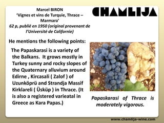 www.chamlija-wine.com
Marcel BIRON
‘Vignes et vins de Turquie, Thrace –
Marmara’
62 p, publié en 1950 (original provenant de
l’Université de Californie)
He mentions the following points:
The Papaskarasi is a variety of
the Balkans. It grows mostly in
Turkey sunny and rocky slopes of
the Quaternary alluvium around
Edirne , Kircasali ( Zalof ) of
Uzunköprü and Strandja Massif
Kirklareli ( Üsküp ) in Thrace. (It
is also a registered varieatal in
Greece as Kara Papas.)
Papaskarasi of Thrace is
moderately vigorous.
 