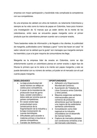 empresa con mayor participación y haciéndole más complicada la competencia
con sus competidores.
Es una empresa de calidad con años de tradición, es netamente Colombiana y
siempre se ha visto como la marca de papas en Colombia, hace poco hicieron
una investigación de 12 marcas que ya están dentro de la mente de los
colombianos, entre esos se encuentra papas margarita como el primer
producto que los colombianos piensan cuando van a comprar snacks.
Tiene bastantes redes de información y de llegada a los clientes, la publicidad
de margarita, publicidades como “destapa y gana” “como las hacen en casa” “el
sabor natural con la calidad que te gusta” son mensajes que margarita siempre
ha trasmitido y que a la gran mayoría de consumidores les llega.
Margarita es la empresa líder de snacks en Colombia, como se dijo
anteriormente cuando un colombiano piensa en comer snacks o algún tipo de
frituras lo primero que se le viene a la mente son papas margarita y esto se
puede demostrar con su número de ventas y el poder en el mercado con el cual
cuenta papas margarita.
DEBELIDIDADES
• La baja productividad del
sector lechero se refleja en
costos poco competitivos.
• A pesar de la inexistencia de
producción local de goma
base, existen aranceles y
éstos está por encima que en
países competidores.
• En cacao existe baja
productividad como
consecuencia de la
fragmentación de la industria y
la baja incorporación de
nuevas tecnologías.
• Dificultades para acceder a
materias primas e insumos a
precios competitivos.
• Canales de distribución
OPORTUNIDADES
• Adhesión a la Organización
Mundial del Comercio.
• Suscripción de Tratados de
Libre Comercio entre Colombia
y otros países.
• Mayores exigencias sanitarias
internacionales para el
comercio de productos
alimenticios que han llevado a
una mejora de los estándares
sanitarios colombianos.
• Consolidación como líder
regional en la industria
chocolatera con el desarrollo
de marcas fuertes.
• Captura de mercados globales
con condiciones similares a las
del mercado colombiano.
35
 