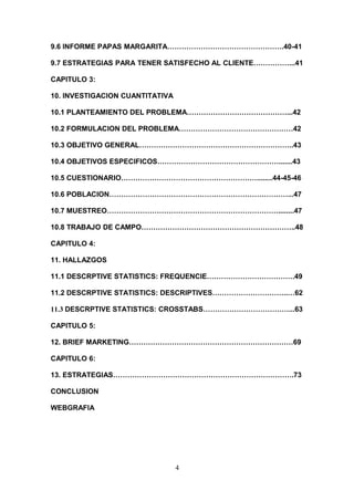 9.6 INFORME PAPAS MARGARITA………………………………………….40-41
9.7 ESTRATEGIAS PARA TENER SATISFECHO AL CLIENTE……………...41
CAPITULO 3:
10. INVESTIGACION CUANTITATIVA
10.1 PLANTEAMIENTO DEL PROBLEMA……………………………………...42
10.2 FORMULACION DEL PROBLEMA…………………………………………42
10.3 OBJETIVO GENERAL………………………………………………………..43
10.4 OBJETIVOS ESPECIFICOS…………………………………………….......43
10.5 CUESTIONARIO…………………………………………………........44-45-46
10.6 POBLACION…………………………………………………………………...47
10.7 MUESTREO………………………………………………………………........47
10.8 TRABAJO DE CAMPO………………………………………………………..48
CAPITULO 4:
11. HALLAZGOS
11.1 DESCRPTIVE STATISTICS: FREQUENCIE……………………………….49
11.2 DESCRPTIVE STATISTICS: DESCRIPTIVES…………………………..…62
11.3 DESCRPTIVE STATISTICS: CROSSTABS………………………………...63
CAPITULO 5:
12. BRIEF MARKETING……………………………………………………………69
CAPITULO 6:
13. ESTRATEGIAS………………………………………………………………….73
CONCLUSION
WEBGRAFIA
4
 