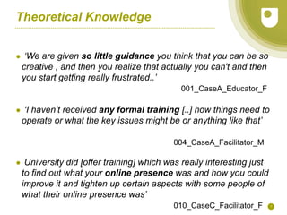 7
Theoretical Knowledge
● ‘We are given so little guidance you think that you can be so
creative , and then you realize that actually you can't and then
you start getting really frustrated..’
001_CaseA_Educator_F
● ‘I haven’t received any formal training [..] how things need to
operate or what the key issues might be or anything like that’
004_CaseA_Facilitator_M
● University did [offer training] which was really interesting just
to find out what your online presence was and how you could
improve it and tighten up certain aspects with some people of
what their online presence was’
010_CaseC_Facilitator_F
 
