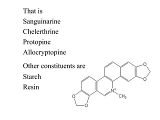 That is
Sanguinarine
Chelerthrine
Protopine
Allocryptopine
Other constituents are
Starch
Resin
 