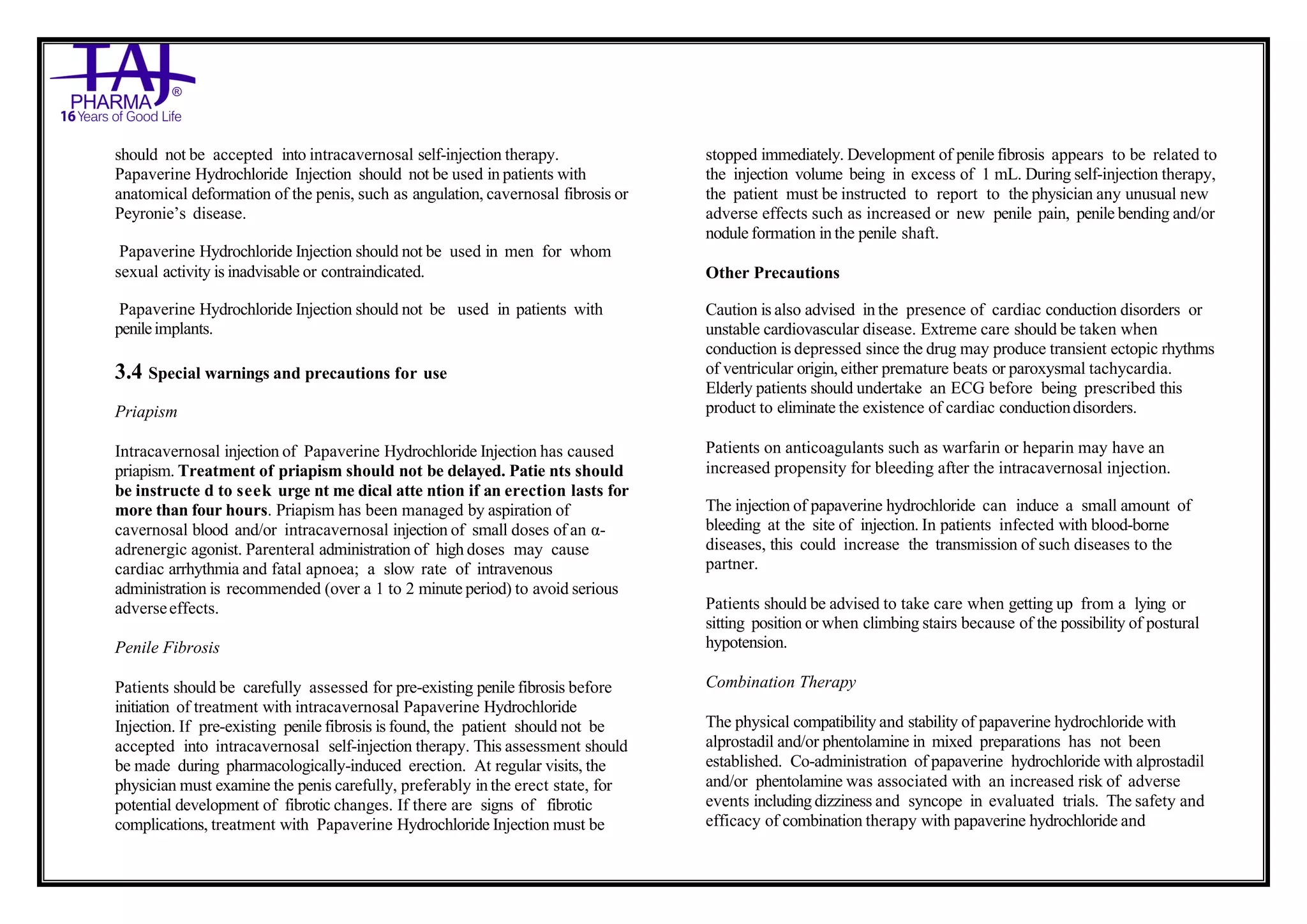 Papaverine HCl Injection BP Taj Pharma SmPC | PDF
