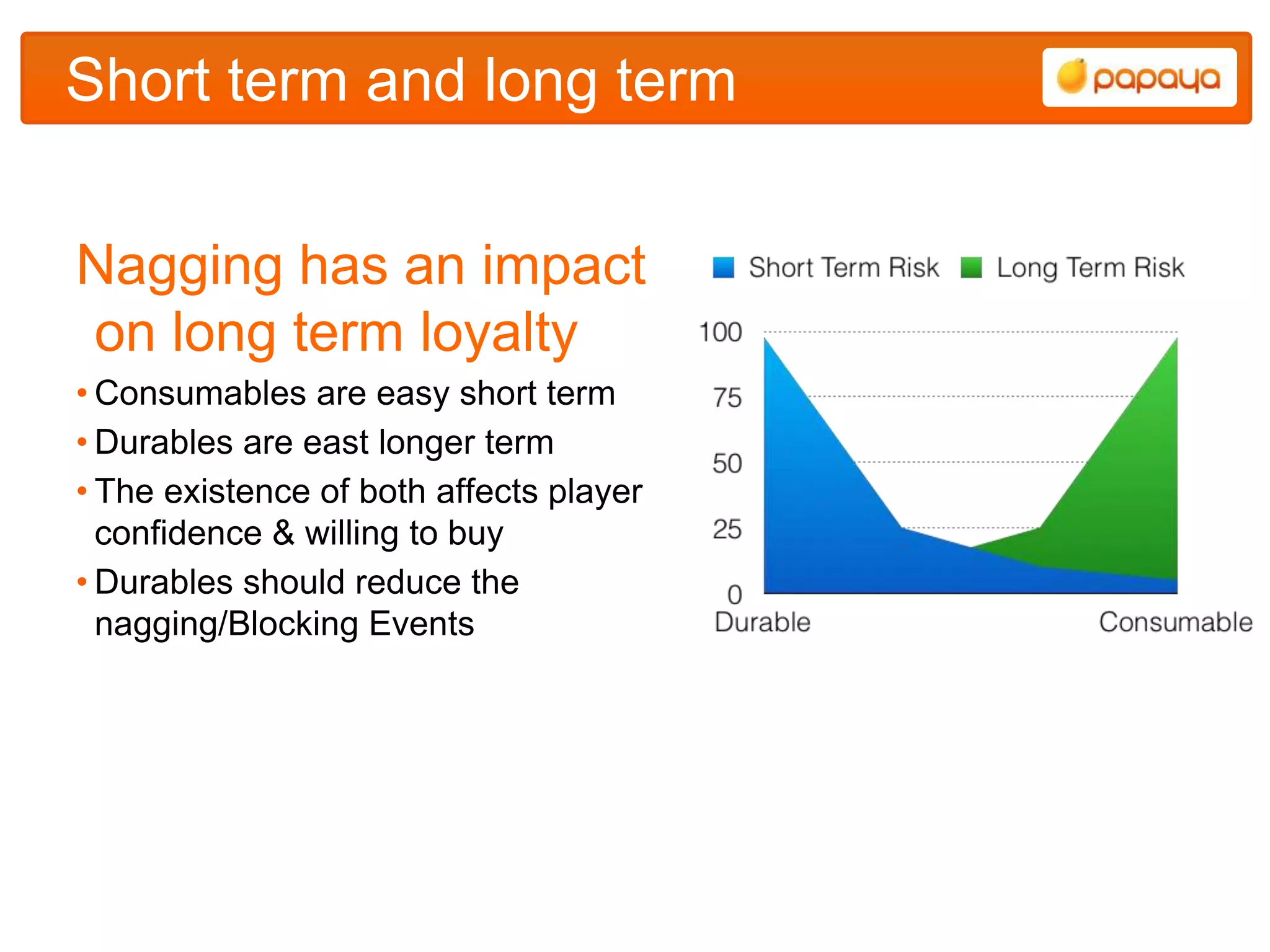Short term and long term


Nagging has an impact
on long term loyalty
• Consumables are easy short term
• Durables are east longer term
• The existence of both affects player
  confidence & willing to buy
• Durables should reduce the
  nagging/Blocking Events
 