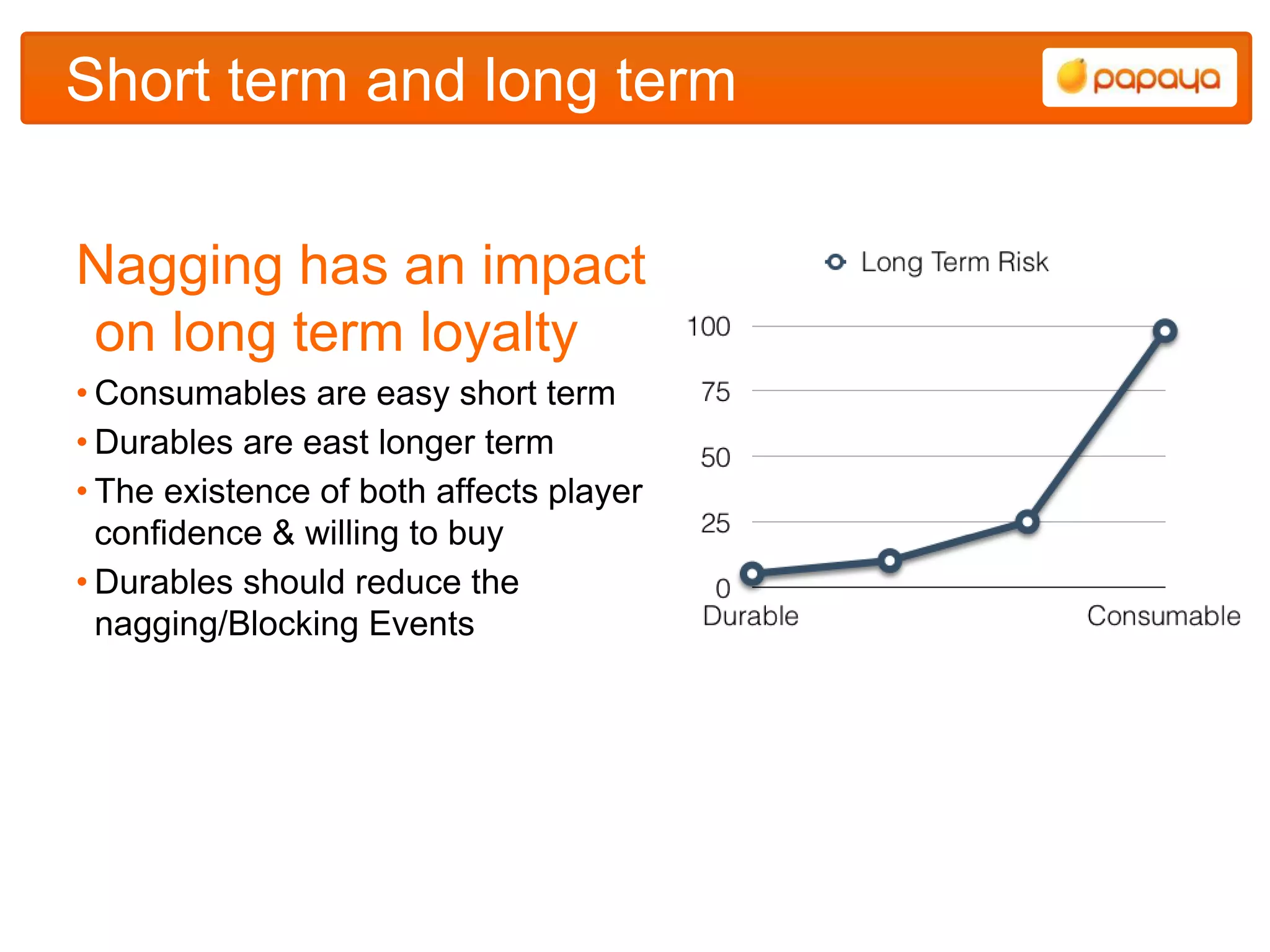 Short term and long term


Nagging has an impact
on long term loyalty
• Consumables are easy short term
• Durables are east longer term
• The existence of both affects player
  confidence & willing to buy
• Durables should reduce the
  nagging/Blocking Events
 