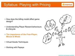 Syllabus: Playing with Pricing


• How does the billing model affect game
  design?

• Understanding Player Reward behaviours
  & Lifecycle

• The importance of the Free-Player,
  Minow & Whale

• Virtual Goods Techniques

• Working with Papaya



                                           Image Source: http://jameslao.com/2008/04/
 