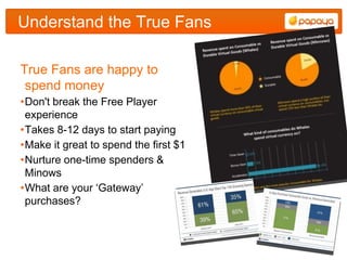Understand the True Fans

True Fans are happy to
 spend money
•Don't break the Free Player
 experience
•Takes 8-12 days to start paying
•Make it great to spend the first $1
•Nurture one-time spenders &
 Minows
•What are your „Gateway‟
 purchases?
 