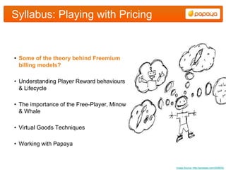 Syllabus: Playing with Pricing


• Some of the theory behind Freemium
  billing models?

• Understanding Player Reward behaviours
  & Lifecycle

• The importance of the Free-Player, Minow
  & Whale

• Virtual Goods Techniques

• Working with Papaya



                                             Image Source: http://jameslao.com/2008/04/
 