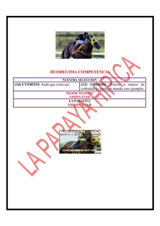 DUODECIMA COMPETENCIA
                            NUESTRA SELECCION
(14) UVERITO: Anda que corta ojo.    (13) GROSSO: Vuelve a manos de
                                     yobraiker le gusta un mundo este ejemplar.
                              MEJOR TRABAJO
                               VISION STAR
                               LA PAPAYITA
                               VISION STAR
 
