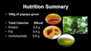Nutrition Summary
• 100g of papaya gives
• Total Calories 39kcal
• Protein 0.5 g
• Fat 0.4 g
• Carbohydrate 9.8 g
 