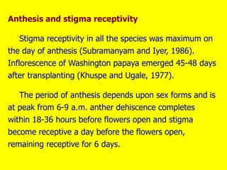 Anthesis and stigma receptivity
Stigma receptivity in all the species was maximum on
the day of anthesis (Subramanyam and Iyer, 1986).
Inflorescence of Washington papaya emerged 45-48 days
after transplanting (Khuspe and Ugale, 1977).
The period of anthesis depends upon sex forms and is
at peak from 6-9 a.m. anther dehiscence completes
within 18-36 hours before flowers open and stigma
become receptive a day before the flowers open,
remaining receptive for 6 days.
 