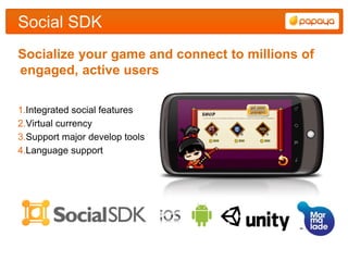 Social SDK
Socialize your game and connect to millions of
engaged, active users

1.Integrated social features
2.Virtual currency
3.Support major develop tools
4.Language support
 