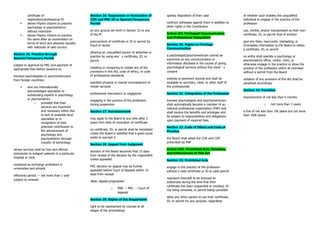 certificate of
registration/professional ID
▪ allows Filipino citizens to practice
psychology or psychometrics
without restriction
▪ allows Filipino citizens to practice
the same after an examination on
terms of strict and absolute equality
with nationals of said country
Section 25. Practice through
Special/Temporary Permit
subject to approval by PRC and payment of
appropriate fees before issuance to:
licensed psychologists or psychometricians
from foreign countries:
▪ who are internationally
acknowledged specialists or
outstanding experts in psychology
or psychometrics
o provided that their
services are important
and necessary either due
to lack of available local
specialists or in
recognition of their
potential contribution to
the advancement of
psychology and
psychometrics through
transfer of technology
whose services shall be free and offered
exclusively to indigent patients in a particular
hospital or clinic
employed as exchange professors in
universities and schools
effectivity period → not more than 1 year
subject to renewal
Section 26. Suspension or Revocation of
COR and PRC ID or Special/Temporary
Permit
on any ground set forth in Section 33 or any
of the ff:
procurement of certificate or ID or permit by
fraud or deceit
allowing an unqualified person to advertise or
practice by using one’s certificate, ID, or
permit
violating or conspiring to violate any of the
provisions in this Act, code of ethics, or code
of professional standards
manifest physical or mental incompetence to
render services
professional misconduct or negligence
engaging in the practice of the profession
during suspension
Section 27. Reinstatement
may apply to the Board at any time after 2
years from date of revocation of certificate
no certificate, ID, or permit shall be reinstated
unless the Board is satisfied that a good cause
exists to warrant it
Section 28. Appeal from Judgment
decision of the Board becomes final 15 days
from receipt of the decision by the respondent
unless appealed
PRC decision on appeal may be further
appealed before Court of Appeals within 15
days from receipt
Note: Appeal progression
o PRB → PRC → Court of
Appeals
Section 29. Rights of the Respondent
right to be represented by counsel at all
stages of the proceedings
speedy disposition of their case
confront witnesses against them in addition to
other rights in the Constitution
Article VII. Privileged Communication
and Professional Integration
Section 30. Rights to Privilege
Communication
a psychologist/psychometrician cannot be
examined on any communication or
information disclosed in the course of giving
psychological services without the client’s
consent
extends to pertinent records and shall be
available to secretary, clerk, or other staff of
the professionals
Section 31. Integration of the Profession
licensed psychologists and psychometricians
shall automatically become a member of an
national professional organization (PAP) and
shall receive the benefits and privileges and
be subject to responsibilities and obligations
upon payment of required fees.
Section 32. Code of Ethics and Code of
Practice
the Board shall adopt the COE and COP
prescribed by PAP
Article VIII. Prohibited Acts, Penalties,
and Enforcement of This Act
Section 33. Prohibited Acts
engage in the practice of the profession
without a valid certificate or ID or valid permit
represent themself to be licensed an
authorized during the time that their
certificate has been suspended or revoked, ID
not being renewed, or permit being cancelled
allow any other person to use their certificate,
ID, or permit for any purpose, regardless
of whether such enables the unqualified
individual to engage in the practice of the
profession
use, exhibit, and/or misrepresent as their own
certificate, ID, or permit that of another
give any false, inaccurate, misleading, or
incomplete information to the Board to obtain
a certificate, ID, or permit
no entity shall operate a psychology or
psychometrics office, center, clinic, or
otherwise engage in the practice or allow the
practice of the profession within its premises
without a permit from the Board
violation of any provision of this Act shall be
penalized accordingly
Section 34. Penalties
imprisonment of not less than 6 months
o not more than 3 years
a fine of not less than 10k pesos but not more
than 100k pesos
 
