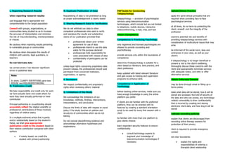 L. Reporting Research Results
when reporting research results:
use language that is appropriate and
comprehensible to the target population
Consult with groups, organizations, or
communities being studied so as to increase
the accuracy of interpretation and minimize
the risk of misunderstanding, misinterpretation
or misuse.
Be cautious when reporting results pertaining
to vulnerable groups or communities
Be cautious when discussion the results of
children with parents, legal guardians, or
teachers
Do not fabricate data
we correct errors if we discover significant
errors in published data
Note:
In short, CLARIFY EVEYRTHING para iwas
MISUSE and MISUNDERSTANDING.
M. Publication Credit
We take responsibility and credit only for work
we have actually done and credit others for
work they have actually performed or have
contributed
Principal authorship or co-authorship should
accurately reflect the relative scientific or
professional contributions of those involved,
regardless of relative status
In a multiple-authored article that is partly
and/or substantially based on the student’s
thesis, we shall give appropriate
publication credit to the student based on
their relative contribution compared with other
authors
• if mainly based, we credit the
student with primary authorship
N. Duplicate Publication of Data
Republishing of data is not prohibited as long
as proper acknowledgement is clearly stated
O. Sharing Research Data for Verification
We do not withhold our data to other
competent professionals who seek to verify
and reanalyze the results and substantive
claims of our publication provided that:
• professionals obtain prior written
agreement for use of data
• professionals intend to use the data
solely for the purpose declared
• professionals hold responsibility for
costs associated with release of data
• confidentiality of participants can be
protected
unless legal rights concerning proprietary data
prevent release, the professionals should seek
permission from concerned institution,
organization, or agency
P. Reviewers
We respect confidentiality and proprietary
rights when reviewing others’ material
Q. Limitations of the Study
We acknowledge the limitations of our
knowledge, methods, findings, interventions,
interpretations, and conclusions
Discuss the limits of data with respect to social
policy if the study touches on policies and
structures of communities which we do not
belong
Do not conceal disconfirming evidence and
acknowledge alternative hypotheses and
explanations.
PAP Guide for Conducting
Telepsychology
telepsychology → provision of psychological
services using telecommunication
technologies, which include but are not limited
to telephone, mobile devices, interactive
videoconferencing, e-mail, chat, and text
Ensure Competence
Competence in Practicing Psychology
only registered and licensed psychologists are
allowed to provide counseling and
psychotherapy
provide services only within the boundaries of
competence
determine if telepsychology is suitable for a
client based on literature, best practice, and
client preference
keep updated with latest relevant literature
and gain access to training and supervision
programs to enhance skills
Competence in Application of
Technology
before starting online services, make sure you
have enough knowledge in using the online
platform you prefer
if clients are not familiar with the preferred
platform, they can be oriented with its
features by creating a standard orientation
script to be used for every first session with a
client
be familiar with more than one platform to
give clients choices
learn important security features to ensure
confidentiality
• consult technology experts to
augment your knowledge of
telecommunication technologies if
necessary
Uphold Ethical Practice
apply the same ethical principles that are
required when providing face-to-face
psychological services
at all times, do no harm by protecting the
client, oneself, and the integrity of the
profession
examine potential risk and benefits of
providing telepsychology services with
consideration of multicultural issues that may
arise
be informed of the social norm, laws and
ordinances in your area, as well as your
client’s
if telepsychology is no longer beneficial or
present a risk to the client’s wellbeing,
thoroughly discuss these concerns with the
client and appropriately terminate services
with adequate notice, and refer or offer
alternative services
Obtain Informed Consent
may be done through email or filling up e-
forms online
state what data will be stored, how it will be
stored and accessed, the kind of security of
the data and who can access, any technology-
related vulnerability to their confidentiality
that is incurred by creating and storing
electronic client data, and how long it will be
stored
indicate recording policies
explain that clients are discouraged from
recording online therapy sessions for
protection of their privacy
client is required to provide emergency
contact
set clear boundaries
• explain the rights and
responsibilities of entering a
therapist-client relationship
 