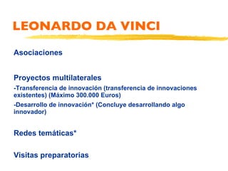 LEONARDO DA VINCI Asociaciones  Proyectos multilaterales  -Transferencia de innovación (transferencia de innovaciones existentes) (Máximo 300.000 Euros) -Desarrollo de innovación* (Concluye desarrollando algo innovador) Redes temáticas* Visitas preparatorias 