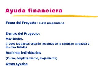 Ayuda financiera Fuera del Proyecto :  Visita preparatoria Dentro del Proyecto: Movilidades. (Todos los gastos estarán incluidos en la cantidad asignada a las movilidades Acciones individuales (Curso, desplazamiento, alojamiento) Otras ayudas 