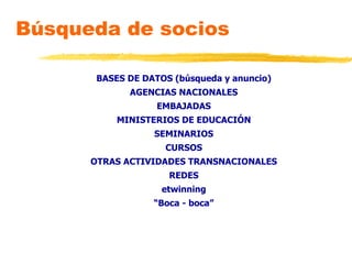 Búsqueda de socios BASES DE DATOS (búsqueda y anuncio) AGENCIAS NACIONALES EMBAJADAS MINISTERIOS DE EDUCACIÓN SEMINARIOS CURSOS OTRAS ACTIVIDADES TRANSNACIONALES REDES etwinning “ Boca - boca” 