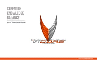 www.vicorefitness.com
®
Enlightenment and Certification
Curriculum
Vicore Educational Course
STRENGTH
KNOWLEDGE
BALANCE
Vicore Educational Course
STRENGTH
KNOWLEDGE
BALANCE
Vicore Educational Course
STRENGTH
KNOWLEDGE
BALANCE
 
