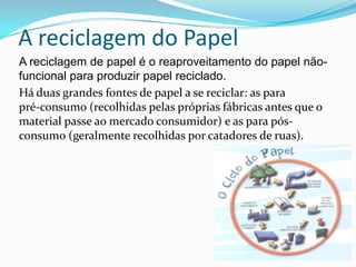 A reciclagem do Papel
A reciclagem de papel é o reaproveitamento do papel não-
funcional para produzir papel reciclado.
Há duas grandes fontes de papel a se reciclar: as para
pré-consumo (recolhidas pelas próprias fábricas antes que o
material passe ao mercado consumidor) e as para pós-
consumo (geralmente recolhidas por catadores de ruas).
 