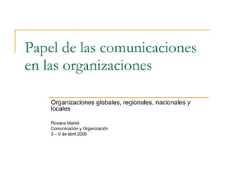 Papel de las comunicaciones en las organizaciones Organizaciones globales, regionales, nacionales y locales Roxana Martel Comunicación y Organización  3 – 9 de abril 2008 