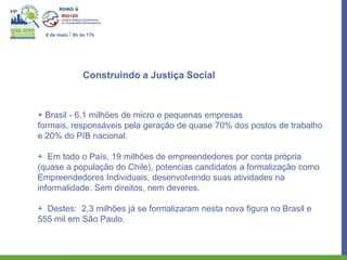 8 de maio I 8h às 17h




                  Construindo a Justiça Social



+ Brasil - 6,1 milhões de micro e pequenas empresas
formais, responsáveis pela geração de quase 70% dos postos de trabalho
e 20% do PIB nacional.

+ Em todo o País, 19 milhões de empreendedores por conta própria
(quase a população do Chile), potencias candidatos a formalização como
Empreendedores Individuais, desenvolvendo suas atividades na
informalidade. Sem direitos, nem deveres.

+ Destes: 2,3 milhões já se formalizaram nesta nova figura no Brasil e
555 mil em São Paulo.
 