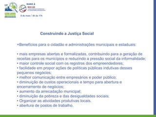 8 de maio I 8h às 17h




                    Construindo a Justiça Social

+Benefícios para o cidadão e administrações municipais e estaduais:

• mais empresas abertas e formalizadas, contribuindo para a geração de
receitas para os municípios e reduzindo a pressão social da informalidade;
• maior controle social com os registros dos empreendedores;
• facilidade em propor ações de políticas públicas indutivas desses
pequenos negócios;
• melhor comunicação entre empresários e poder público;
• diminuição de custos operacionais e tempo para abertura e
encerramento de negócios;
• aumento da arrecadação municipal;
• diminuição da pobreza e das desigualdades sociais;
• Organizar as atividades produtivas locais.
• abertura de postos de trabalho.
 