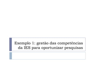 Exemplo 1: gestão das competências
 da IES para oportunizar pesquisas
 