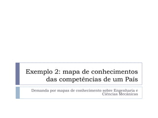 Exemplo 2: mapa de conhecimentos
     das competências de um País
 Demanda por mapas de conhecimento sobre Engenharia e
                                   Ciências Mecânicas
 