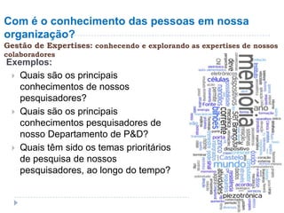 Com é o conhecimento das pessoas em nossa
organização?
Gestão de Expertises: conhecendo e explorando as expertises de nossos
colaboradores
Exemplos:
  Quais são os principais
   conhecimentos de nossos
   pesquisadores?
  Quais são os principais
   conhecimentos pesquisadores de
   nosso Departamento de P&D?
  Quais têm sido os temas prioritários
   de pesquisa de nossos
   pesquisadores, ao longo do tempo?
 