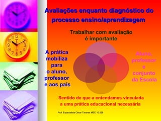 Avaliações enquanto diagnóstico do   processo ensino/aprendizagem   Trabalhar com avaliação é importante   Aluno,  professor  e  conjunto  da Escola   Sentido de que a entendamos vinculada a uma prática educacional necessária   A prática  mobiliza  para  o aluno,  professor  e aos pais 