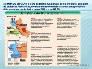 No MUNDO BIPOLAR o Muro de Berlim funcionava como um limite, que além
de dividir as Alemanhas, dividia o mundo em dois sistemas antagônicos e
diferenciados, controlados pelos EUA e a ex-URSS




                                                     www.geografiaparatodos.com.br
 