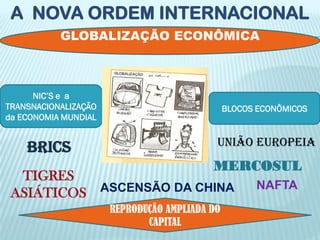 A NOVA ORDEM INTERNACIONAL
           GLOBALIZAÇÃO ECONÔMICA



      NIC’S e a
TRANSNACIONALIZAÇÃO                            BLOCOS ECONÔMICOS
da ECONOMIA MUNDIAL


    BRICS                                  UNIÃO EUROPEIA
                                          MERCOSUL
  TIGRES
                                                     NAFTA
 ASIÁTICOS ASCENSÃO DA CHINA
                      REPRODUÇÃO AMPLIADA DO
                             CAPITAL
 