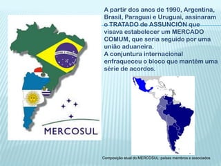 A partir dos anos de 1990, Argentina,
Brasil, Paraguai e Uruguai, assinaram
o TRATADO de ASSUNCIÓN que
visava estabelecer um MERCADO
COMUM, que seria seguido por uma
união aduaneira.
A conjuntura internacional
enfraqueceu o bloco que mantêm uma
série de acordos.




Composição atual do MERCOSUL: países membros e associados
 