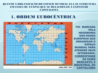 QUANTO À ORGANIZAÇÃO DO ESPAÇO MUNDIAL ELA SE ESTRUTURA
    EM FASES OU ETAPAS QUE SE RELACIONAM À EXPANSÃO
                      CAPITALISTA


    1. ORDEM EUROCÊNTRICA

                                           FOI MARCADA
                                                   PELA
                                             HEGEMONIA
                                             DOS PAÍSES
                                         EUROPEUS QUE
                                           ORGANIZAM O
                                                 ESPAÇO
                                          MUNDIAL PARA
                                          ATENDER SEUS
                                            INTERESSES.
                                          CORRESPONDE
                                               ÀS FASES
                                            MERCANTIL E
                                         INDUSTRIAL DO
                                            CAPITALISMO
 
