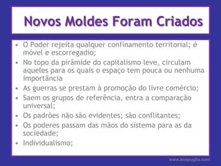 Novos Moldes Foram CriadosO Poder rejeita qualquer confinamento territorial; é móvel e escorregadio;No topo da pirâmide do capitalismo leve, circulam aqueles para os quais o espaço tem pouca ou nenhuma importânciaAs guerras se prestam à promoção do livre comércio;Saem os grupos de referência, entra a comparação universal;Os padrões não são evidentes; são conflitantes;Os poderes passam das mãos do sistema para as da sociedade;Individualismo;www.anapuglia.com