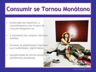 Consumir se Tornou MonótonoComo todo ato repetitivo, o maravilhamento com os bens de consumo desgastou-se;A monotonia das compras não mais satisfaz;Excessos da globalização fragilizam sua credibilidade, legitimidade;Multiplicidade de ofertas despertam sentimentos paradoxais.www.anapuglia.com