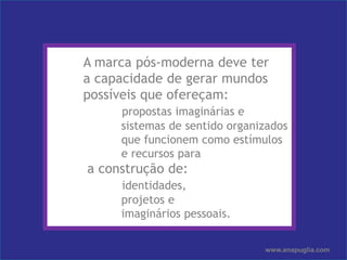 Ana PugliaA marca pós-moderna deve ter 	a capacidade de gerar mundos	possíveis que ofereçam:propostas imaginárias e 		 sistemas de sentido organizados 		 que funcionem como estímulos	 	 e recursos para	 a construção de:identidades,	 	 projetos e 		 imaginários pessoais.www.anapuglia.com