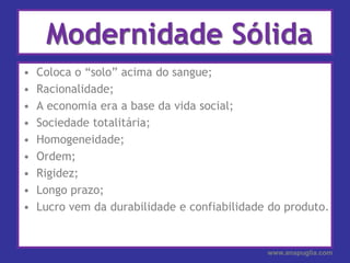 Modernidade SólidaColoca o “solo” acima do sangue;Racionalidade;A economia era a base da vida social;Sociedade totalitária;Homogeneidade;Ordem;Rigidez;Longo prazo;Lucro vem da durabilidade e confiabilidade do produto.www.anapuglia.com